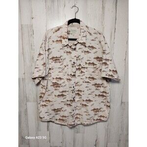 Cabelas Button Up Shirt Mens XL Fish Print Vented Short Sleeve Beige Cream